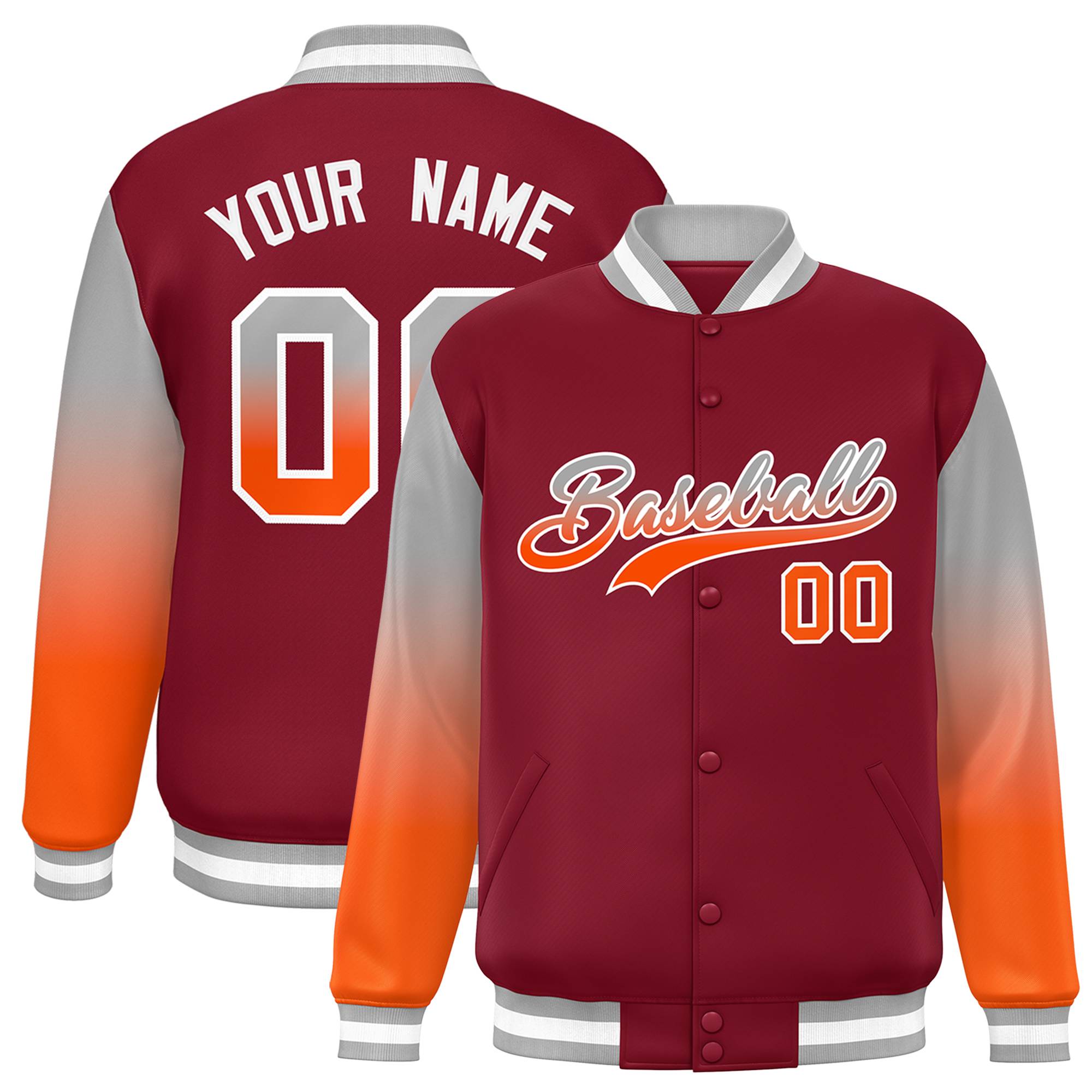 Custom Crimson Gray-Orange Gradient Varsity Full-Snap Raglan Sleeves Baseball Jacket