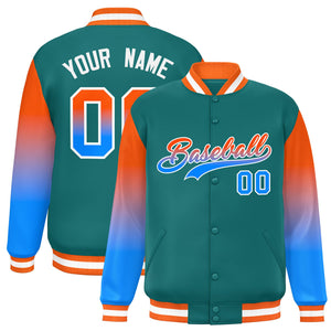 Custom Aqua Orange-Powder Blue Gradient Varsity Full-Snap Raglan Sleeves Baseball Jacket