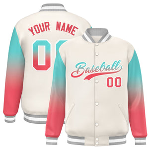 Custom White Bright Green-Light Red Gradient Varsity Full-Snap Raglan Sleeves Baseball Jacket