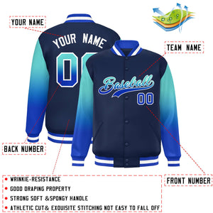 Custom Navy Bright Green-Royal Gradient Varsity Full-Snap Raglan Sleeves Baseball Jacket