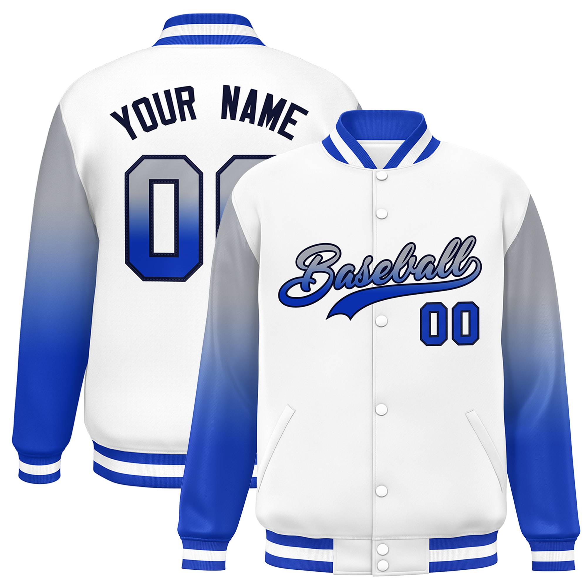 Custom White Gray-Royal Gradient Varsity Full-Snap Raglan Sleeves Baseball Jacket