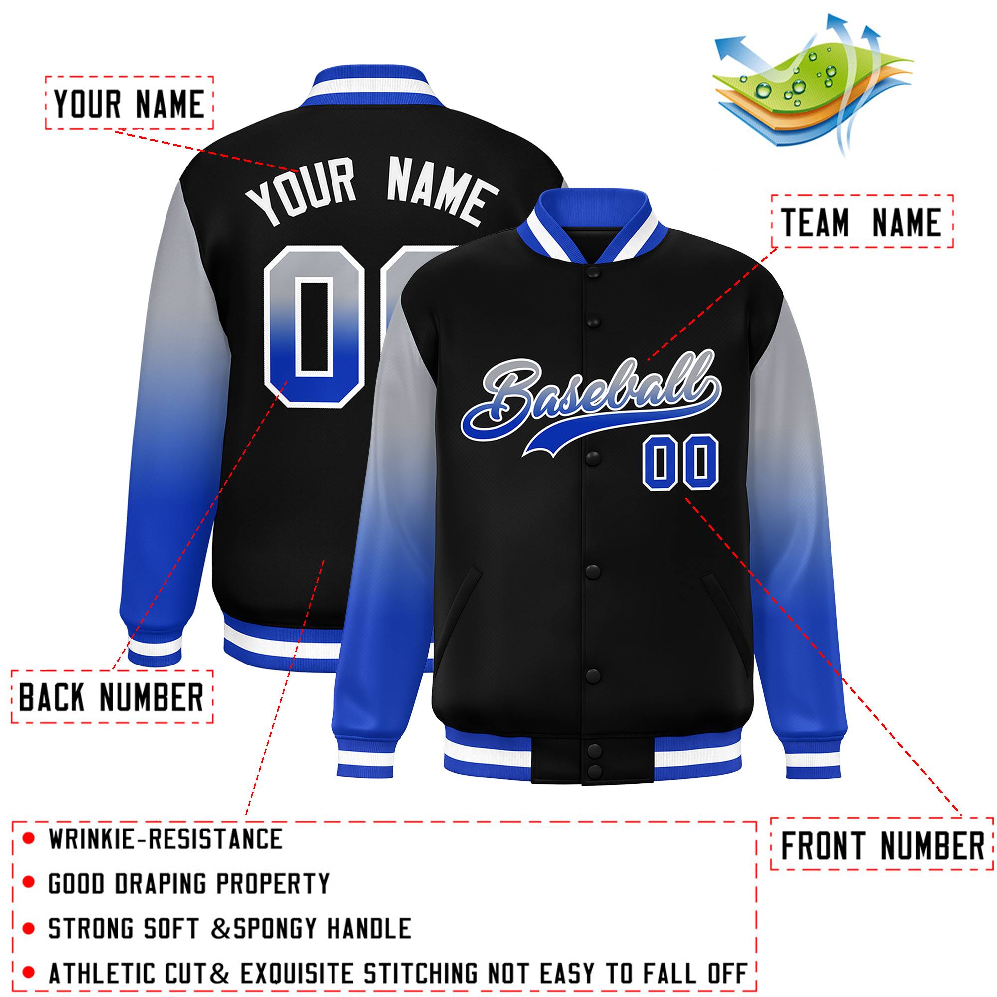 Custom Black Gray-Royal Gradient Varsity Full-Snap Raglan Sleeves Baseball Jacket