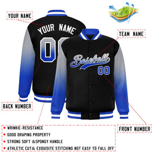 Custom Black Gray-Royal Gradient Varsity Full-Snap Raglan Sleeves Baseball Jacket