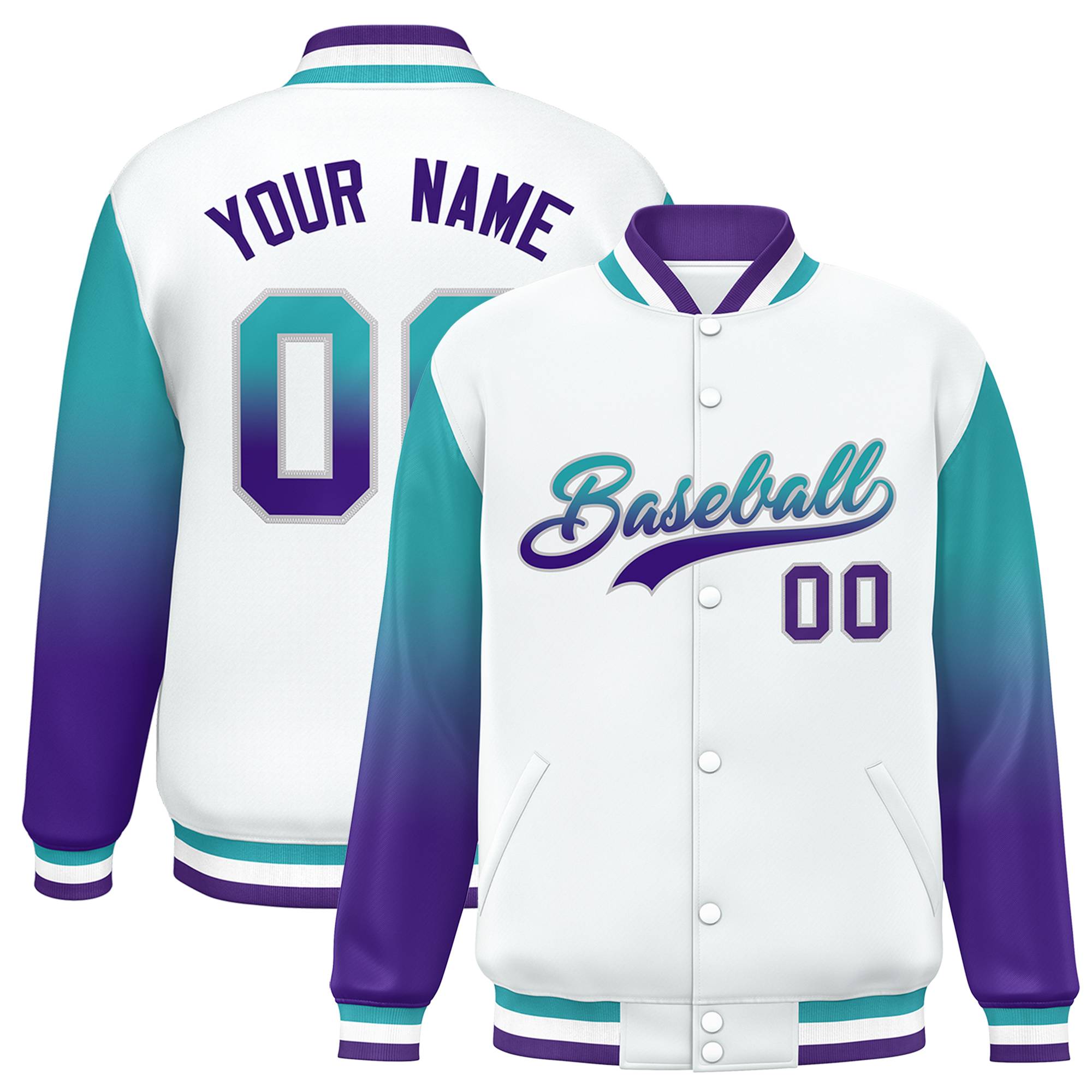 Custom White Aqua-Purple Gradient Varsity Full-Snap Raglan Sleeves Baseball Jacket