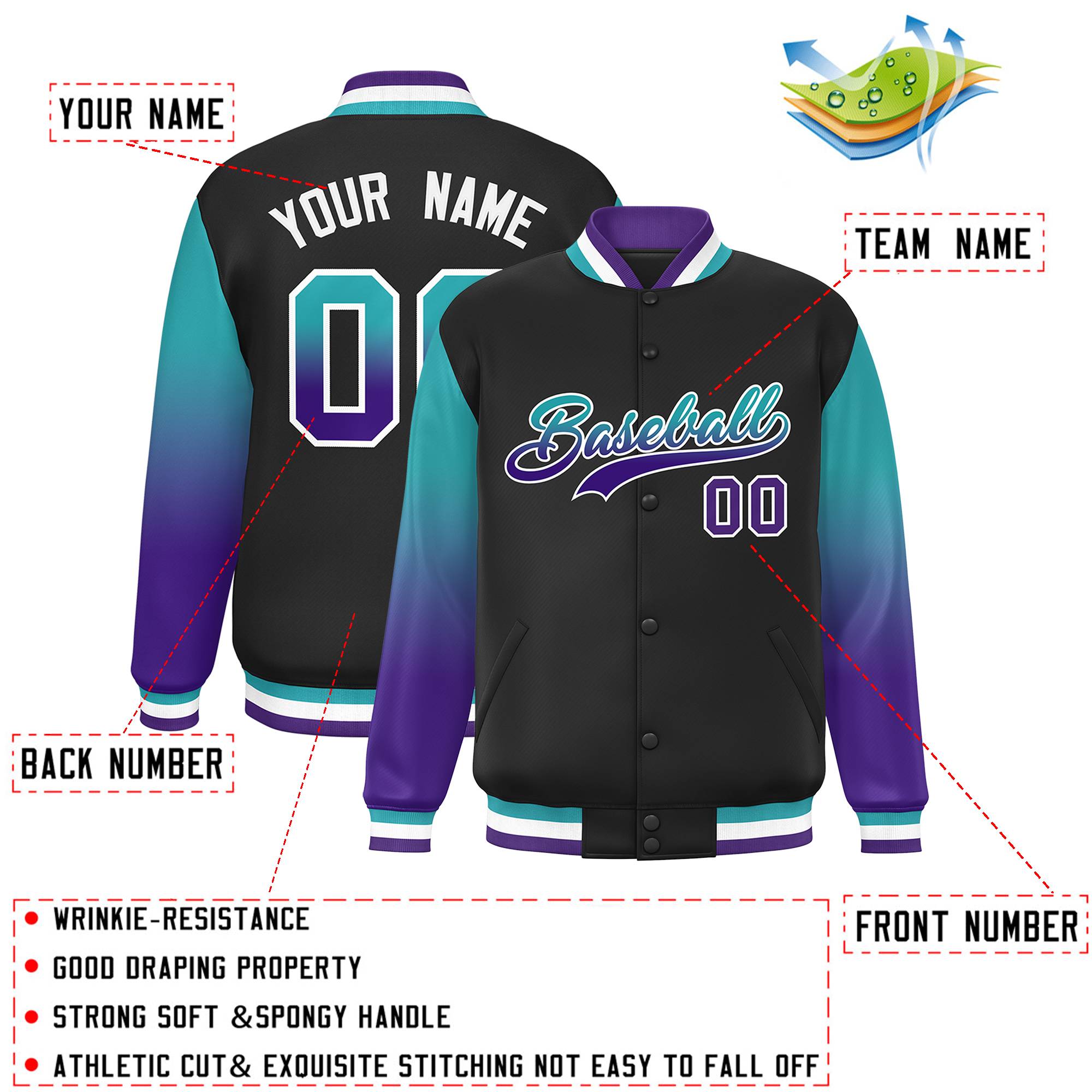 Custom Black Aqua-Purple Gradient Varsity Full-Snap Raglan Sleeves Baseball Jacket