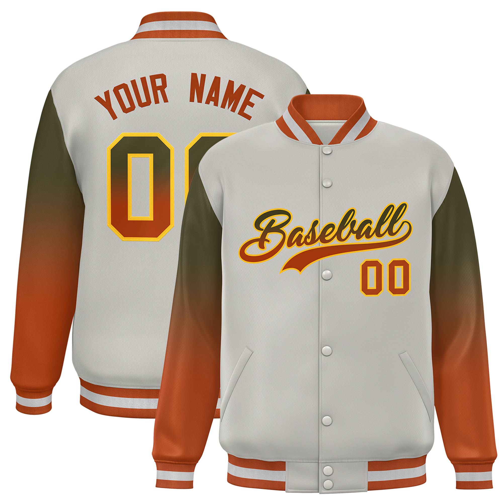 Custom Gray Olive-Texas Orange Gradient Varsity Full-Snap Raglan Sleeves Baseball Jacket