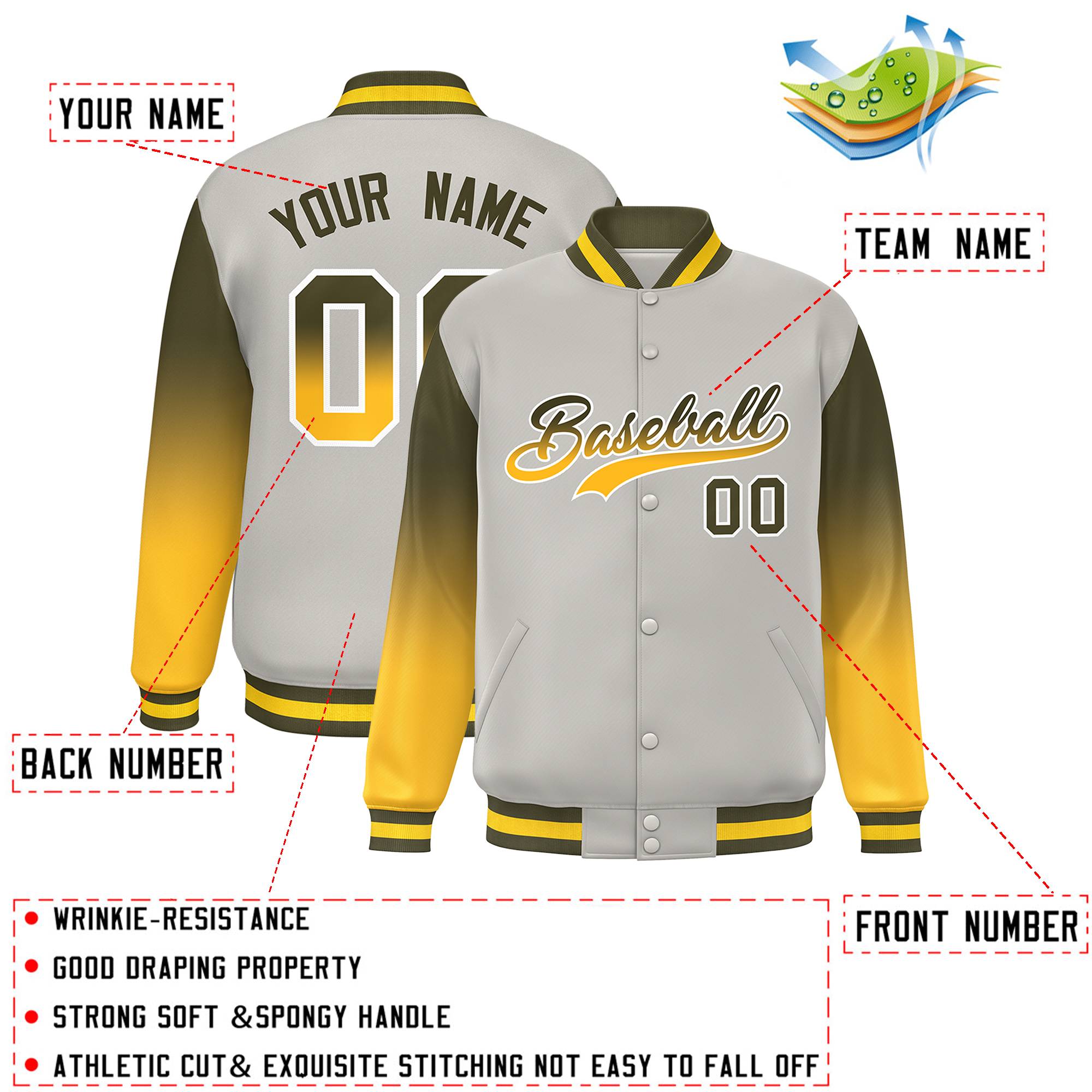 Custom Gray Olive-Gold Gradient Varsity Full-Snap Raglan Sleeves Baseball Jacket