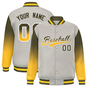 Custom Gray Olive-Gold Gradient Varsity Full-Snap Raglan Sleeves Baseball Jacket