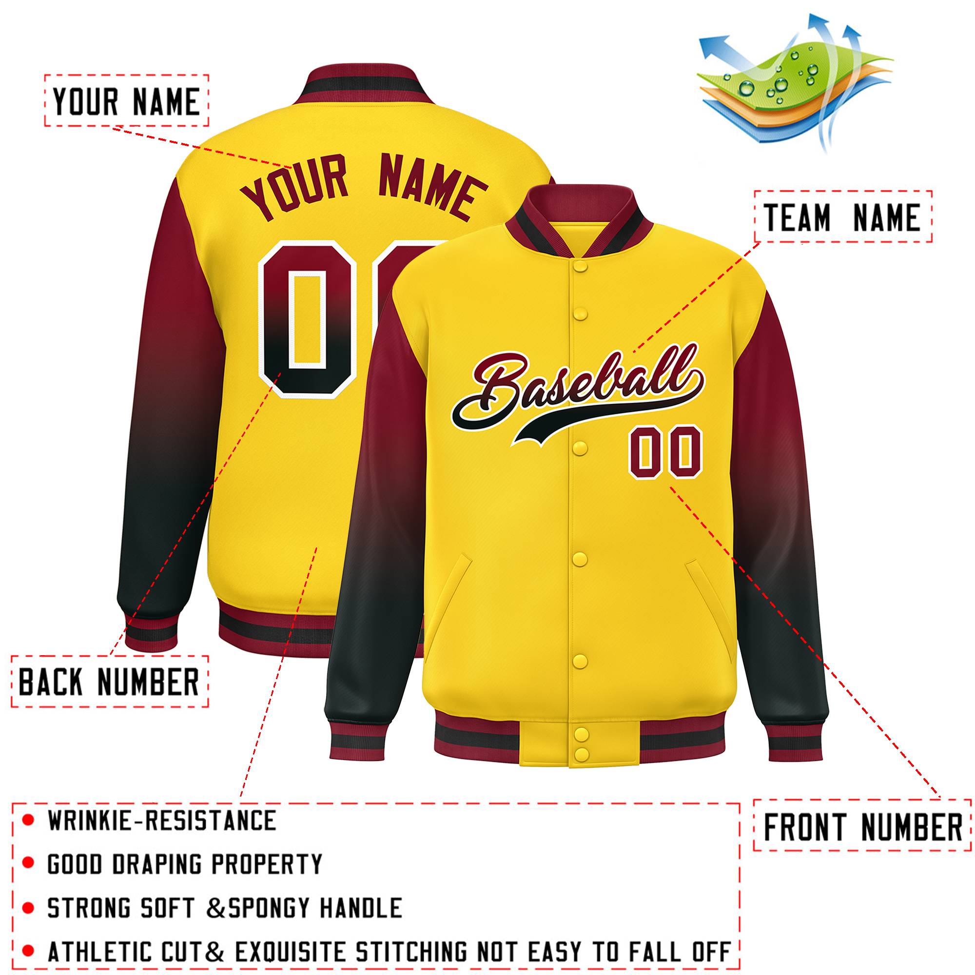 Custom Gold Crimson-Black Gradient Varsity Full-Snap Raglan Sleeves Baseball Jacket