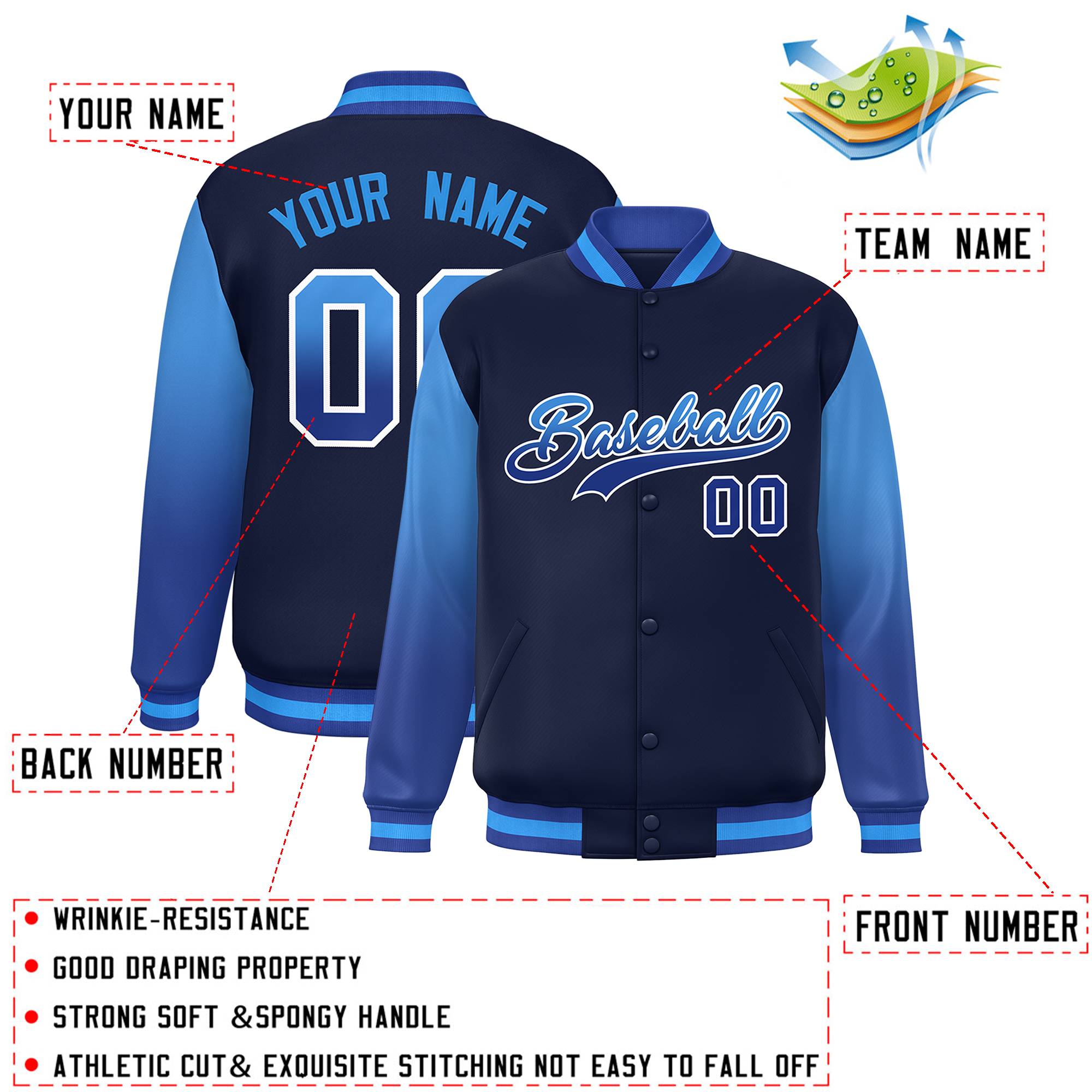 Custom Navy Powder Blue-Royal Gradient Varsity Full-Snap Raglan Sleeves Baseball Jacket