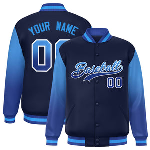 Custom Navy Powder Blue-Royal Gradient Varsity Full-Snap Raglan Sleeves Baseball Jacket