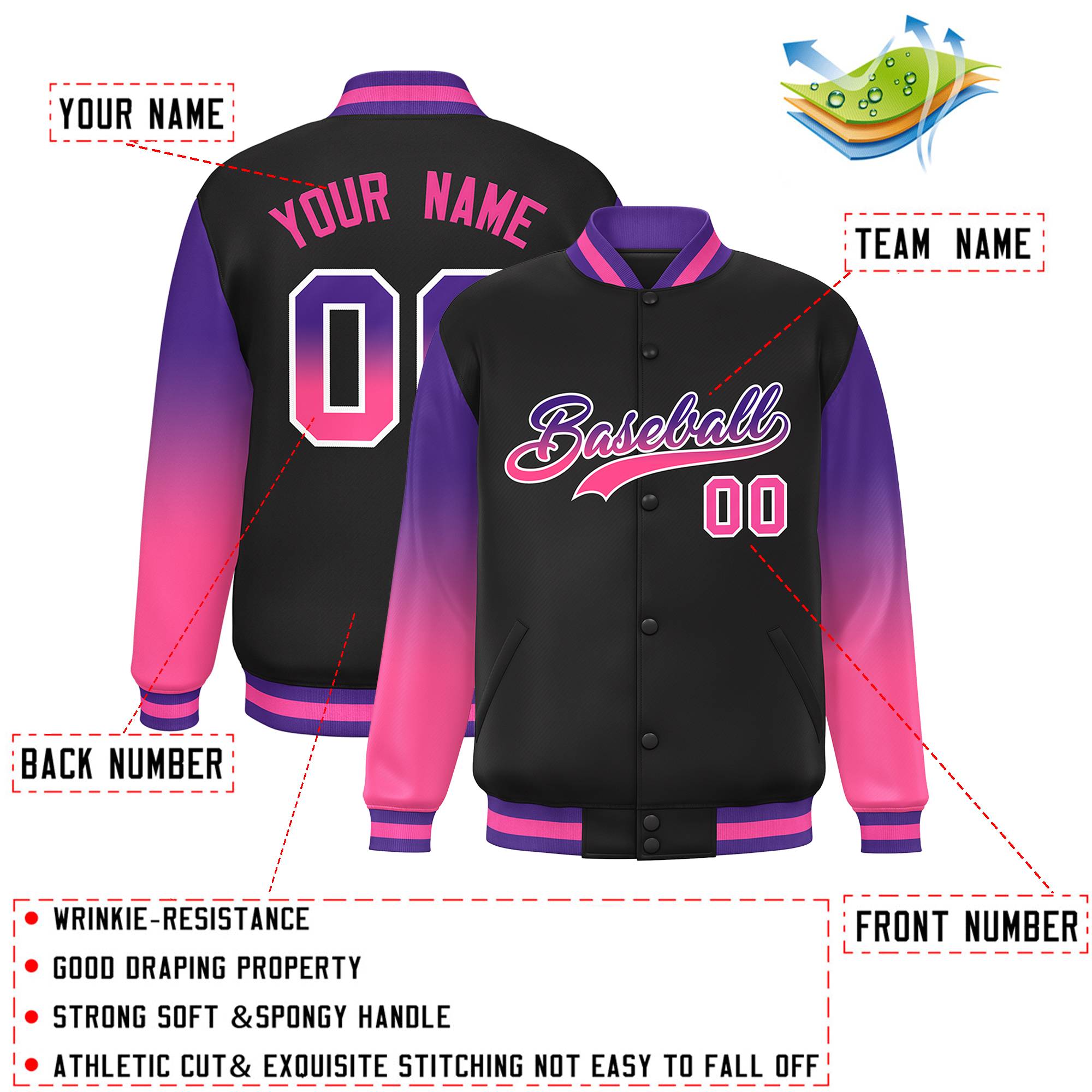 Custom Black Purple-Pink Gradient Varsity Full-Snap Raglan Sleeves Baseball Jacket