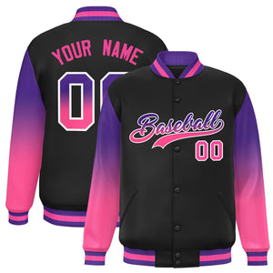 Custom Black Purple-Pink Gradient Varsity Full-Snap Raglan Sleeves Baseball Jacket