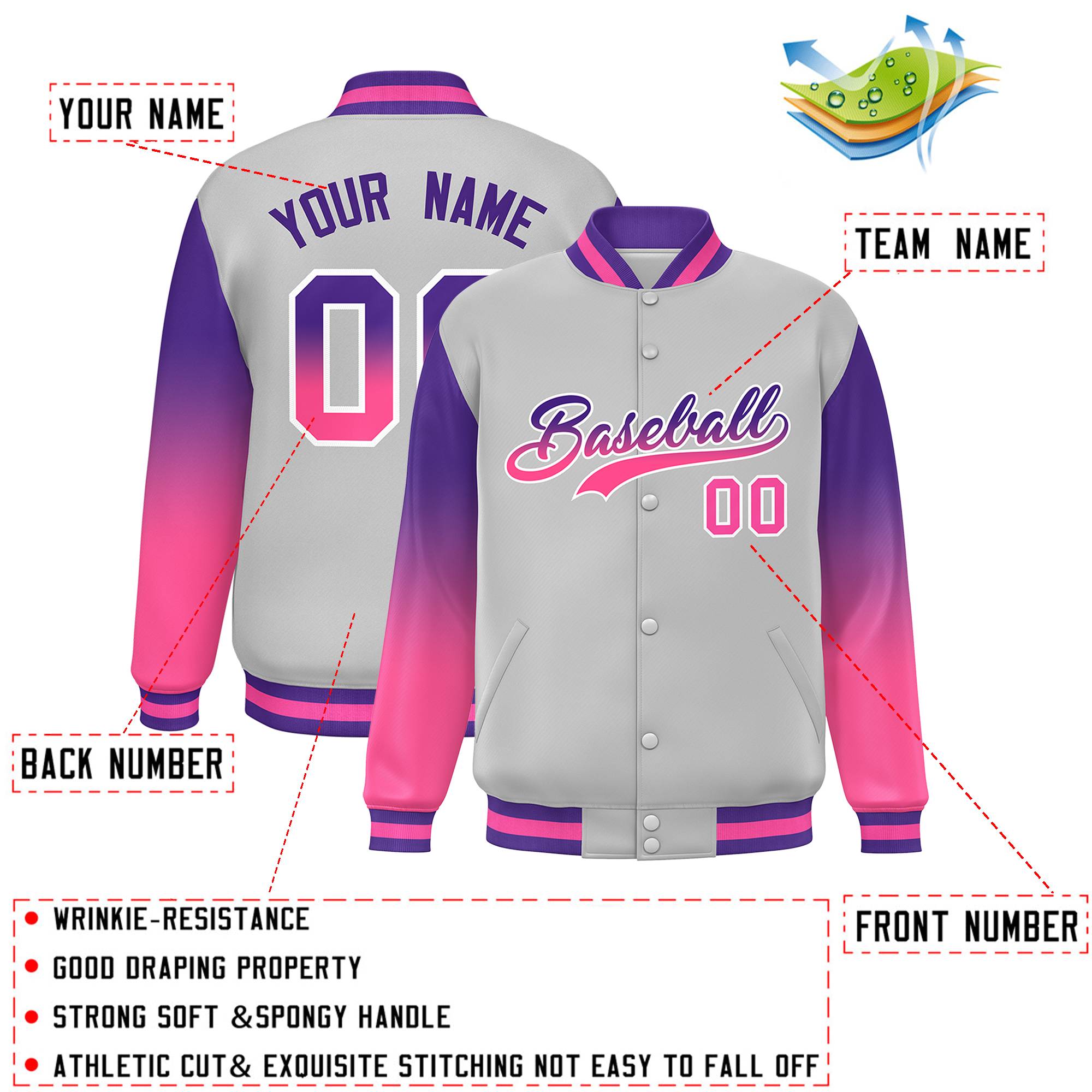 Custom Gray Purple-Pink Gradient Varsity Full-Snap Raglan Sleeves Baseball Jacket