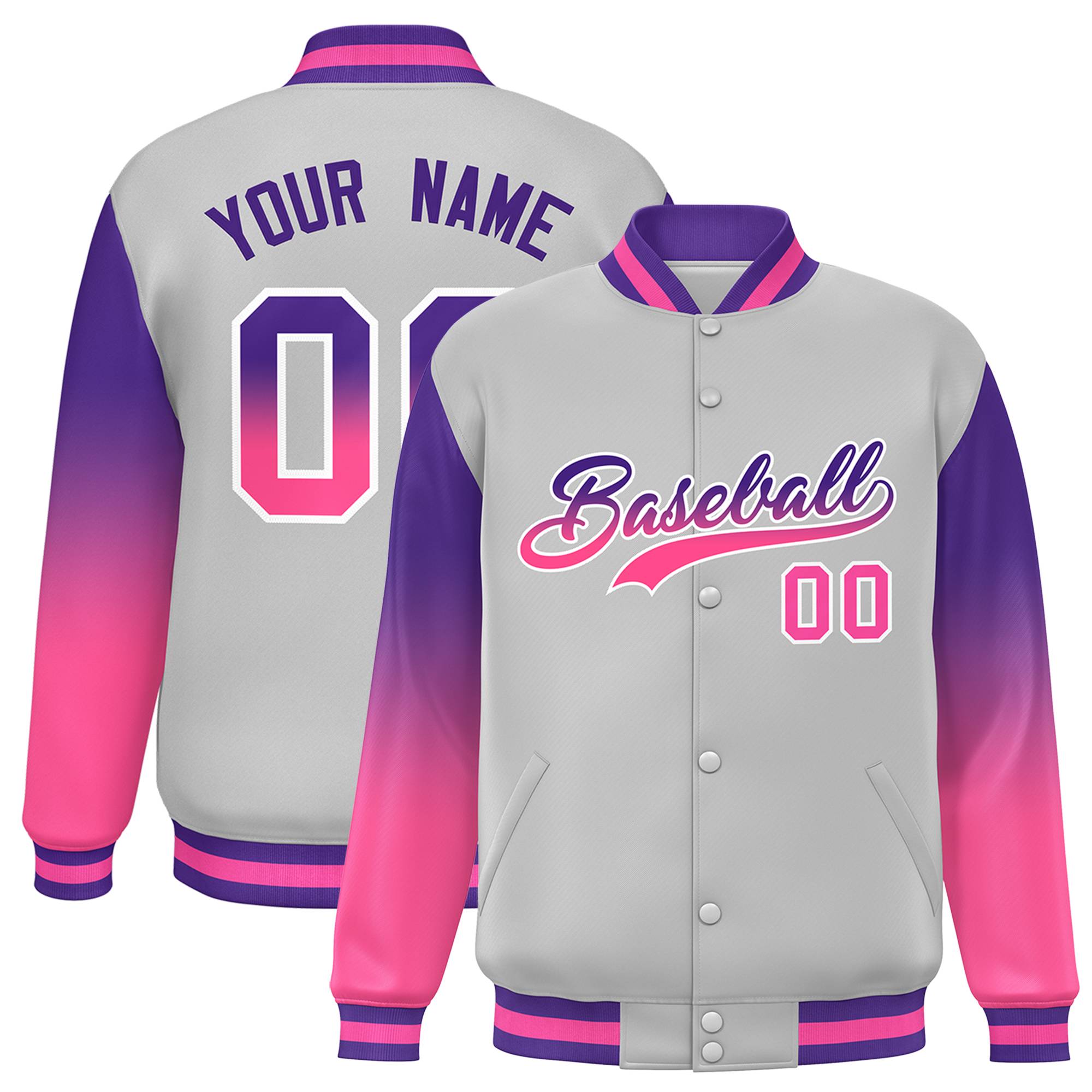 Custom Gray Purple-Pink Gradient Varsity Full-Snap Raglan Sleeves Baseball Jacket