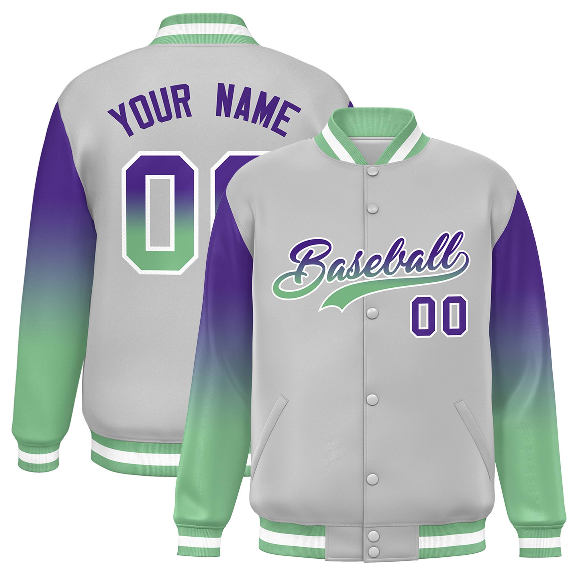 Custom Gray Purple-Green Gradient Varsity Full-Snap Raglan Sleeves Baseball Jacket