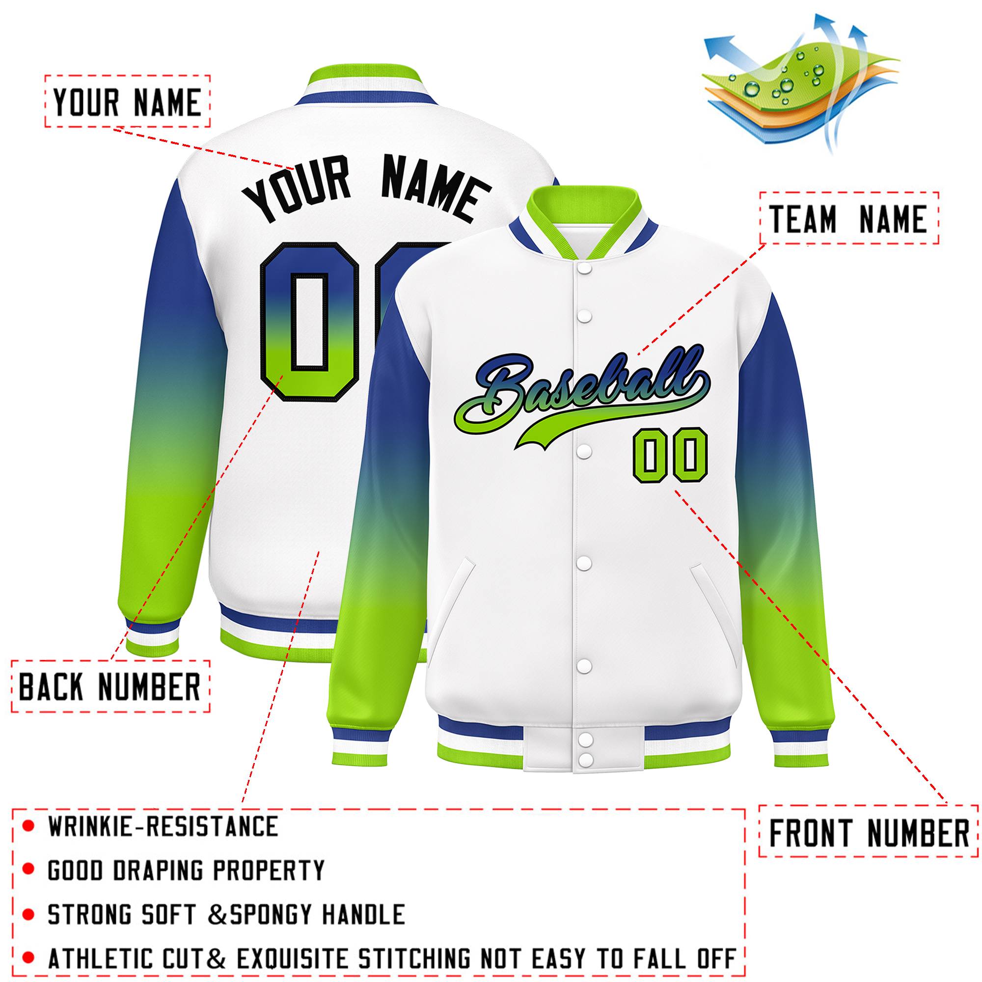 Custom White Royal-Green Gradient Varsity Full-Snap Raglan Sleeves Baseball Jacket