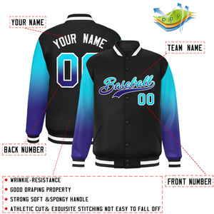 Custom Black Sky Blue-Royal Gradient Varsity Full-Snap Raglan Sleeves Baseball Jacket