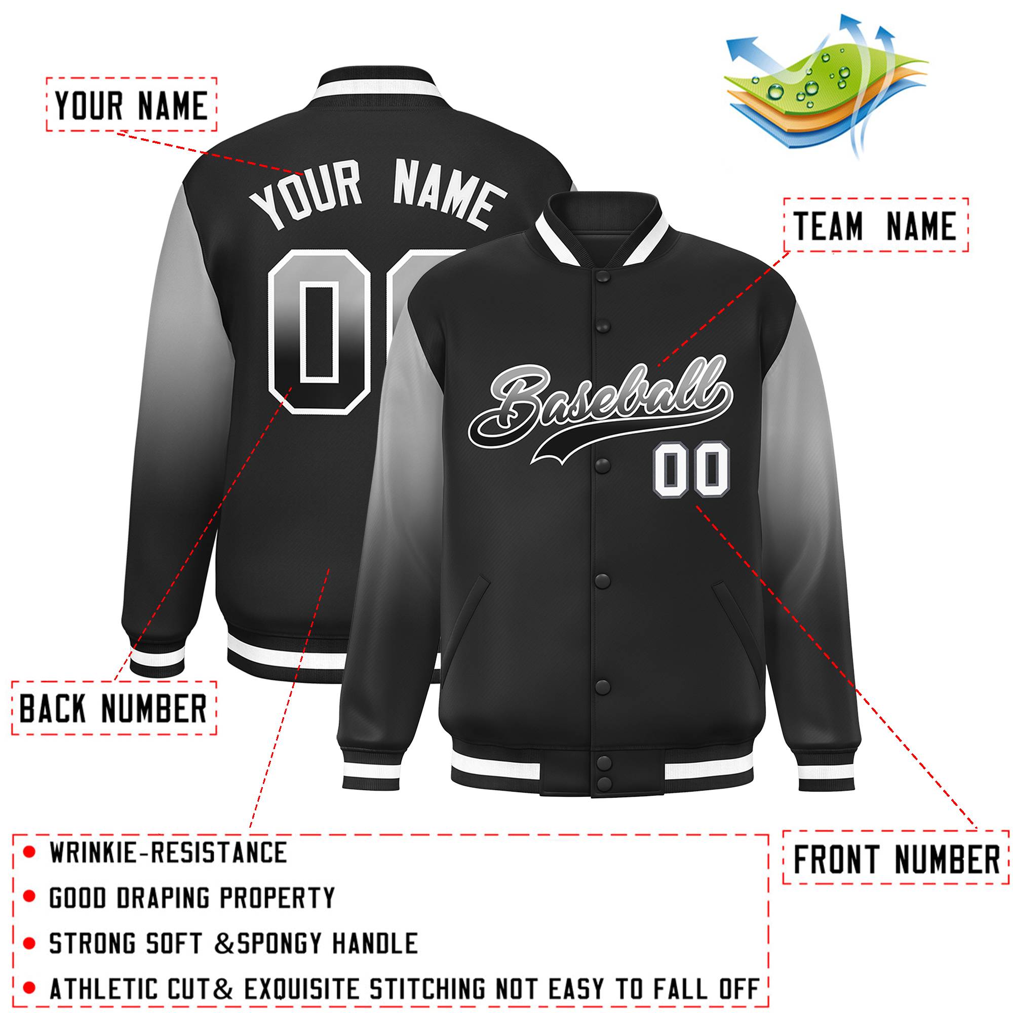 Custom Black Gray-Black Gradient Varsity Full-Snap Raglan Sleeves Baseball Jacket