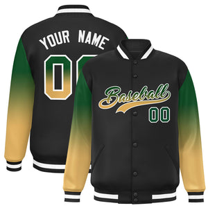 Custom Black Kelly Green-Khaki Gradient Varsity Full-Snap Raglan Sleeves Baseball Jacket