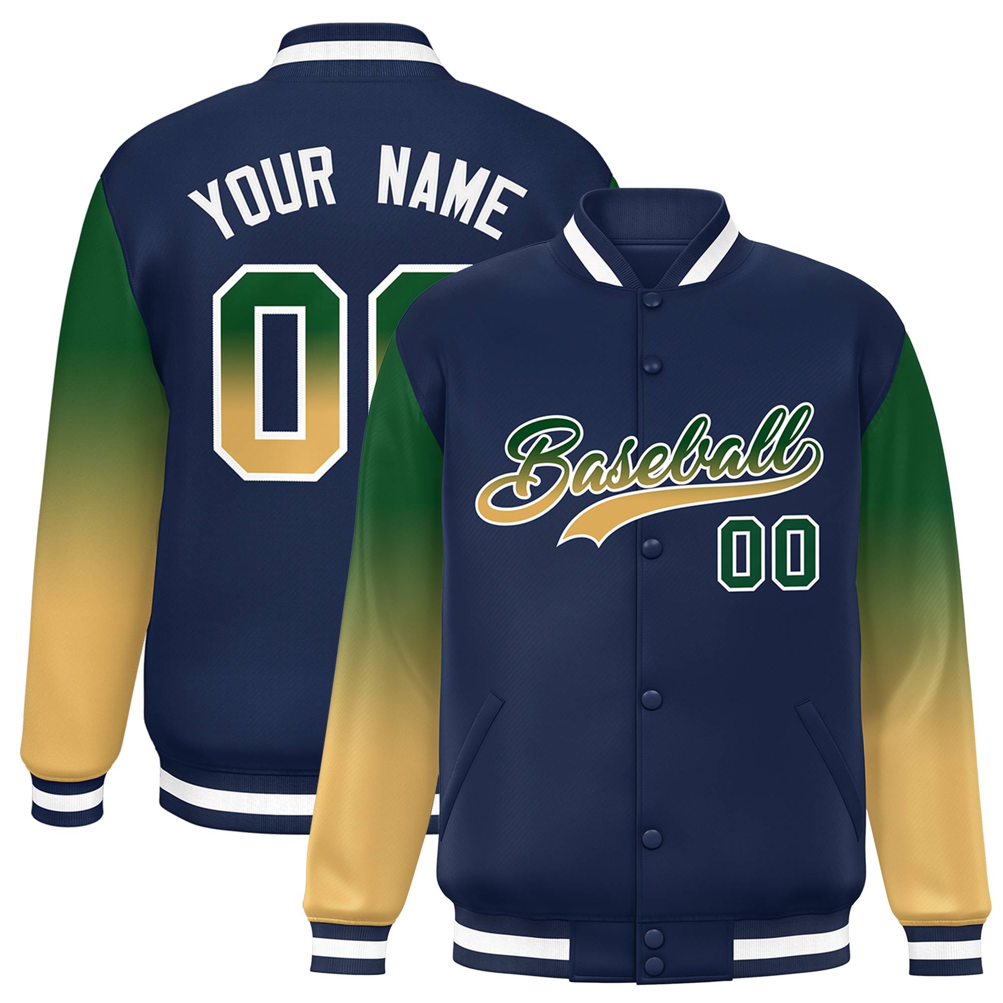 Custom Navy Kelly Green-Khaki Gradient Varsity Full-Snap Raglan Sleeves Baseball Jacket