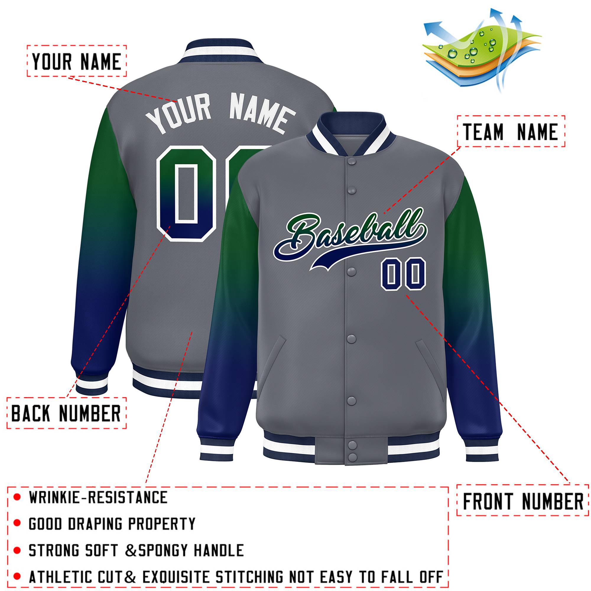 Custom Dark Gray Green-Navy Gradient Varsity Full-Snap Raglan Sleeves Baseball Jacket