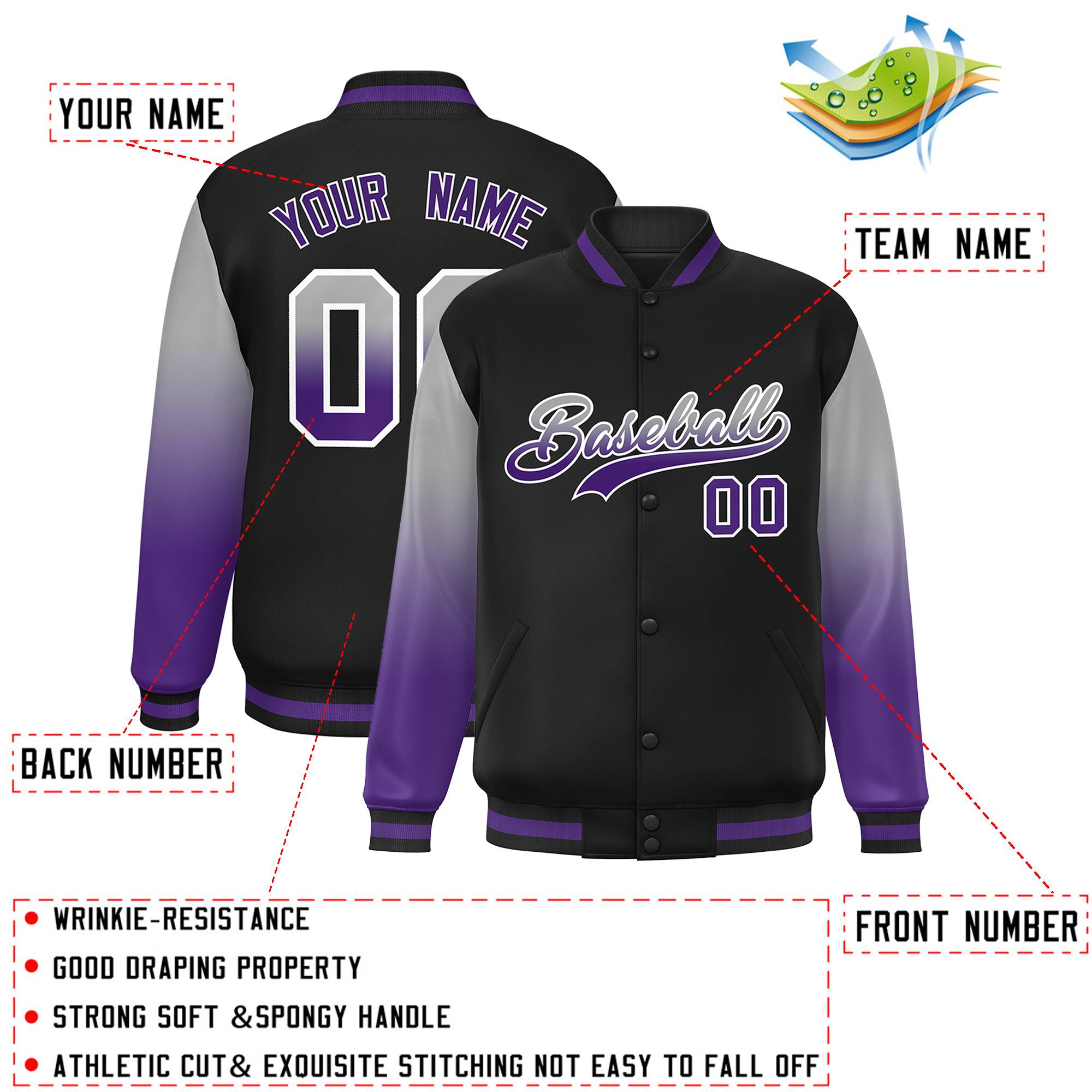 Custom Black Gray-Purple Gradient Varsity Full-Snap Raglan Sleeves Baseball Jacket