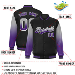 Custom Black Gray-Purple Gradient Varsity Full-Snap Raglan Sleeves Baseball Jacket