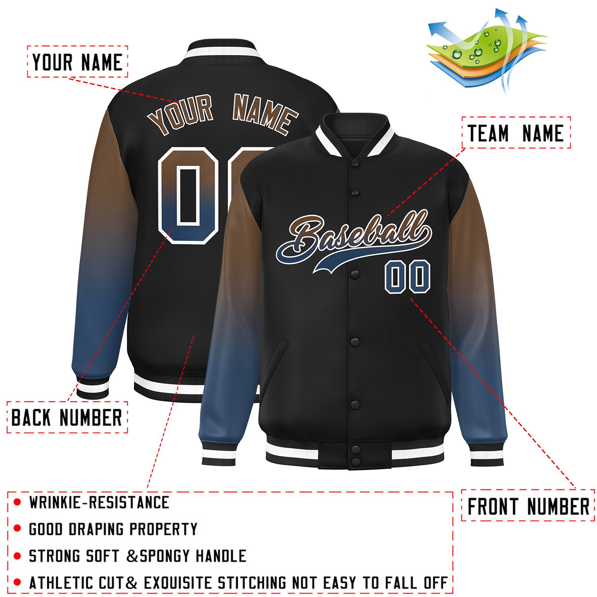 Custom Black Light Brown-Midnight Blue Gradient Varsity Full-Snap Raglan Sleeves Baseball Jacket