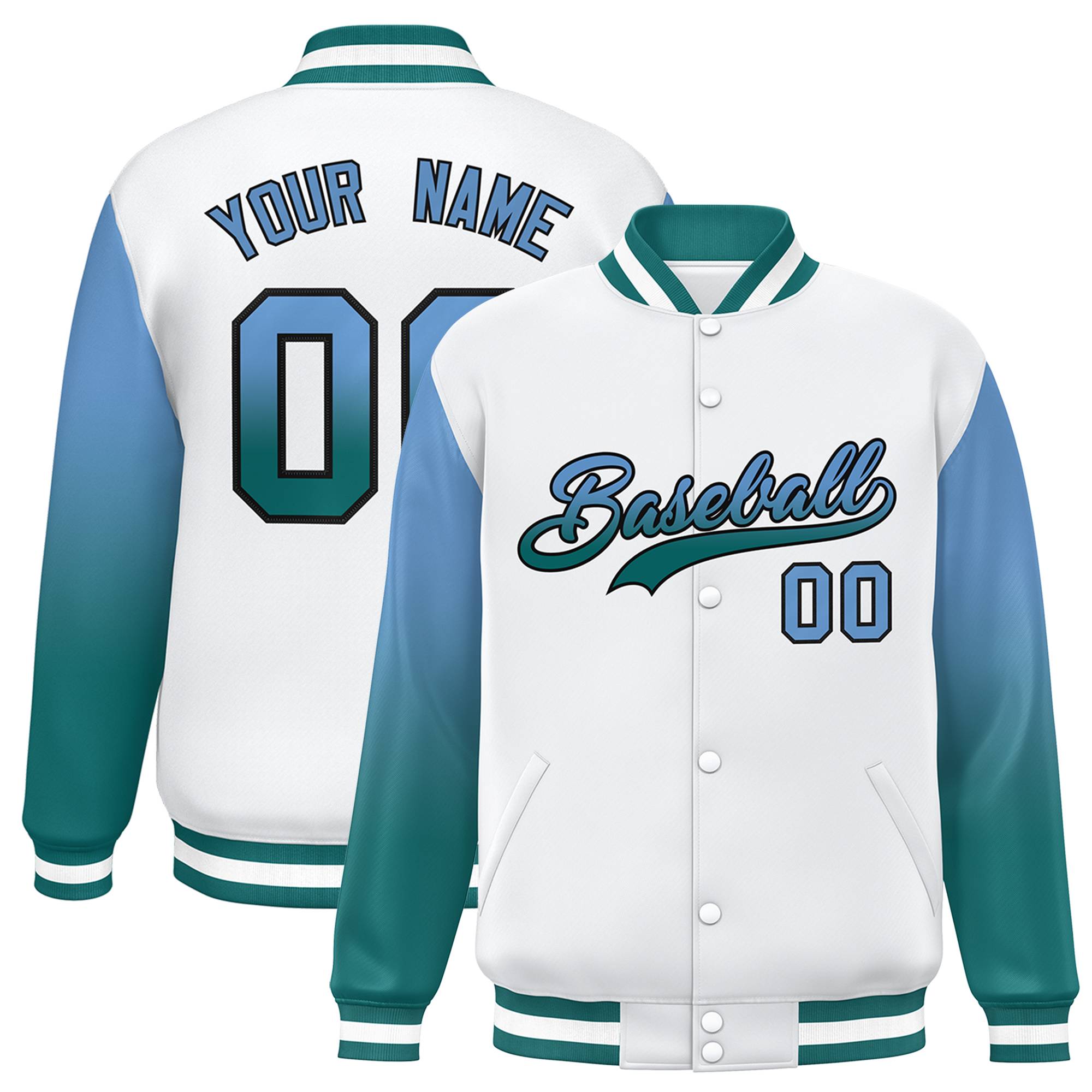 Custom White Light Blue-Aqua Gradient Varsity Full-Snap Raglan Sleeves Baseball Jacket