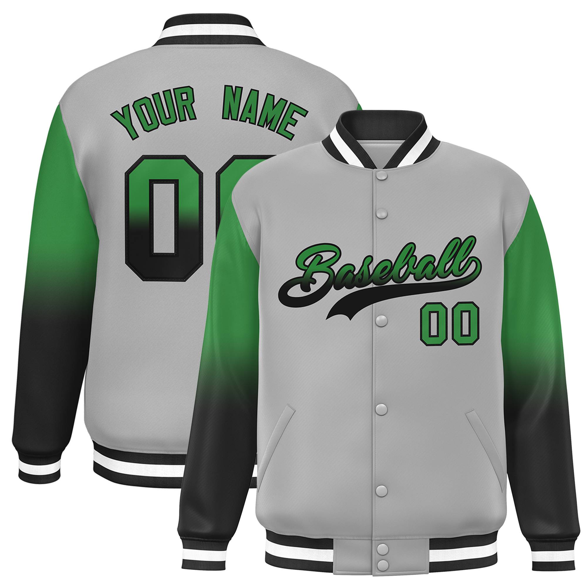 Custom Gray Teal-Black Gradient Varsity Full-Snap Raglan Sleeves Baseball Jacket