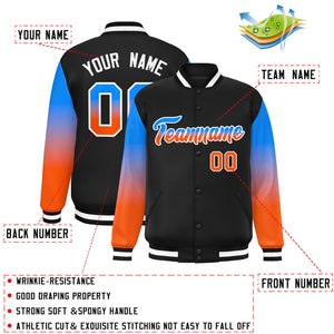 Custom Black Powder Blue-Orange Gradient Varsity Full-Snap Raglan Sleeves Baseball Jacket