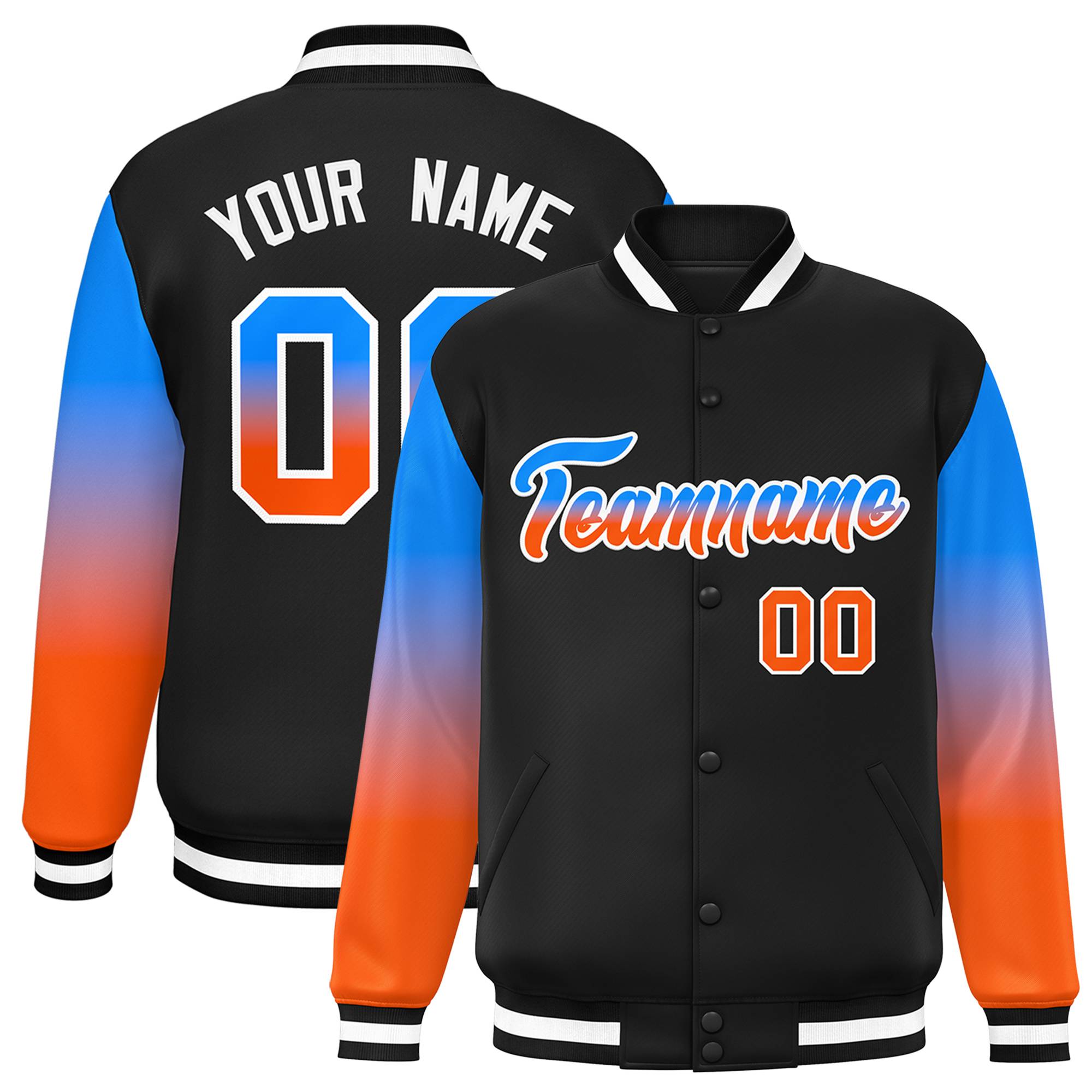 Custom Black Powder Blue-Orange Gradient Varsity Full-Snap Raglan Sleeves Baseball Jacket