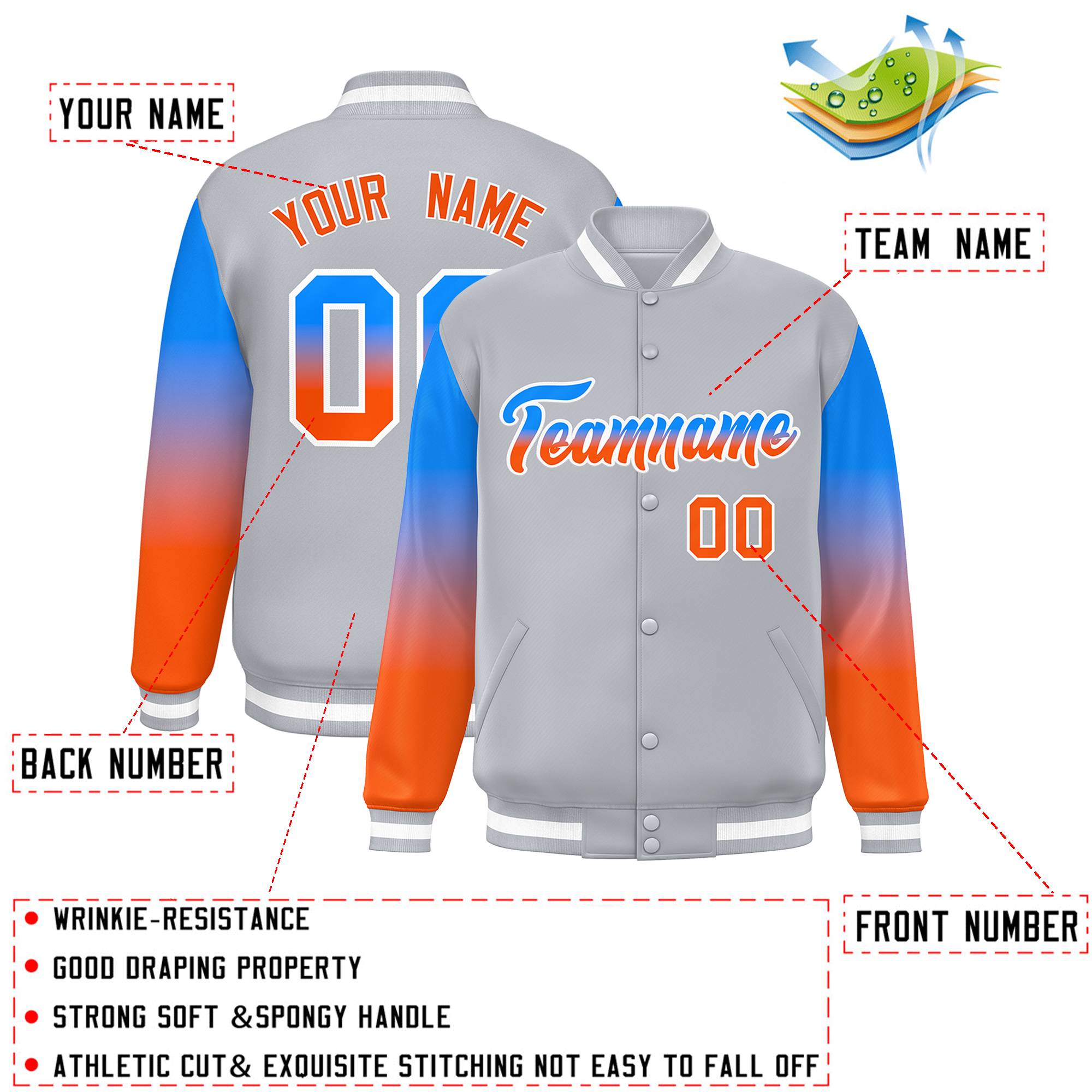 Custom Gray Powder Blue-Orange Gradient Varsity Full-Snap Raglan Sleeves Baseball Jacket