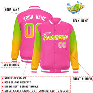 Custom Pink Neon Green-Yellow Gradient Varsity Full-Snap Raglan Sleeves Baseball Jacket