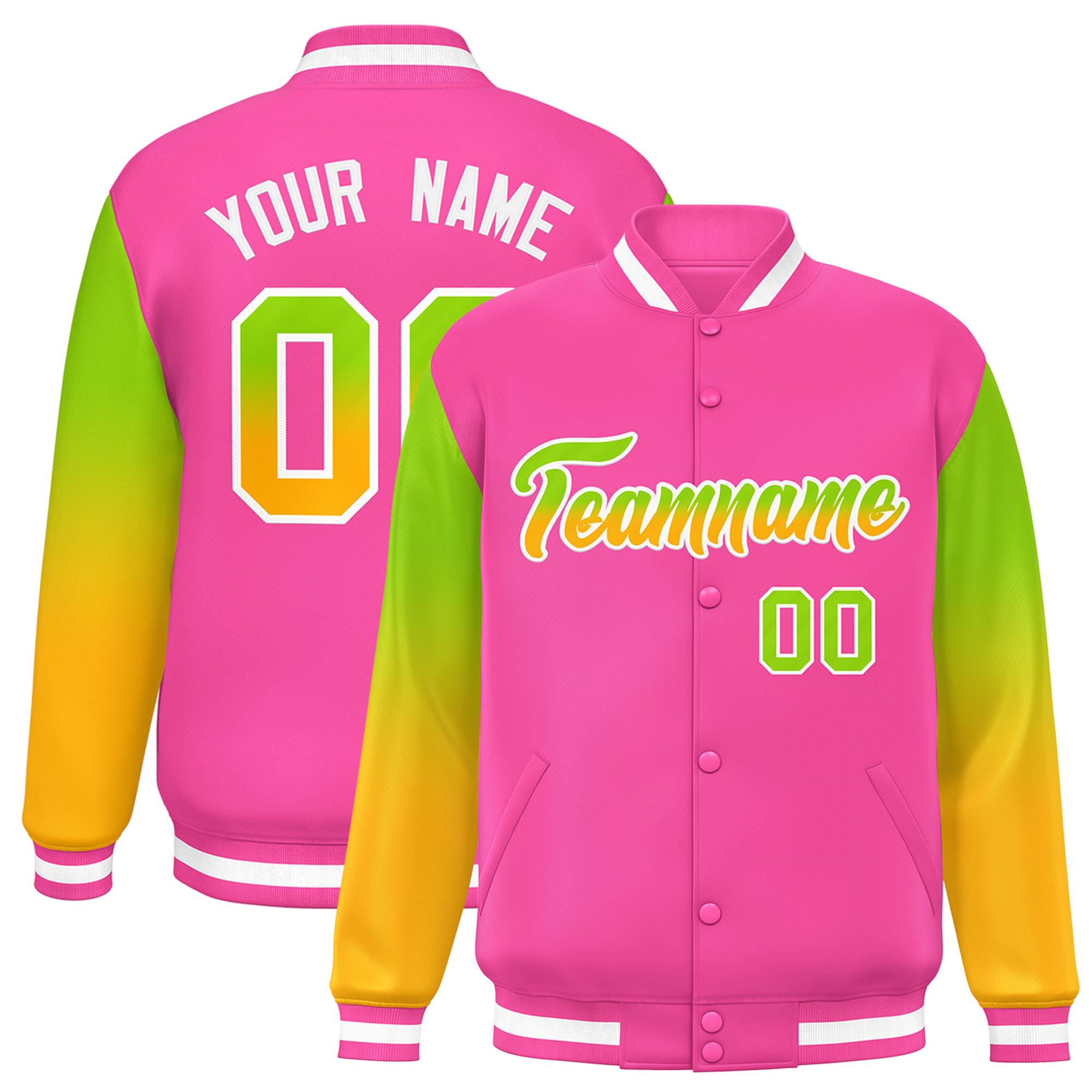 Custom Pink Neon Green-Yellow Gradient Varsity Full-Snap Raglan Sleeves Baseball Jacket