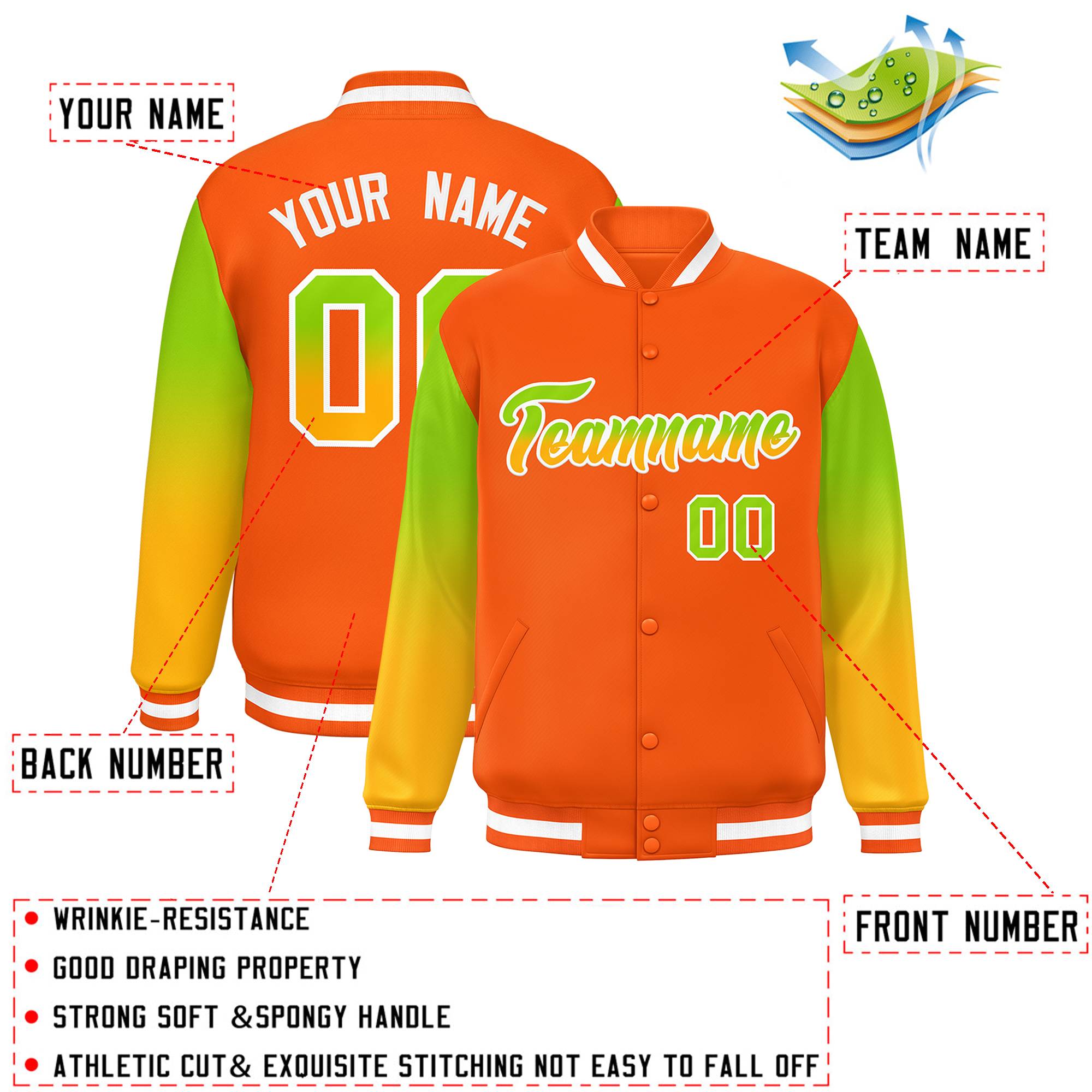 Custom Orange Neon Green-Yellow Gradient Varsity Full-Snap Raglan Sleeves Baseball Jacket