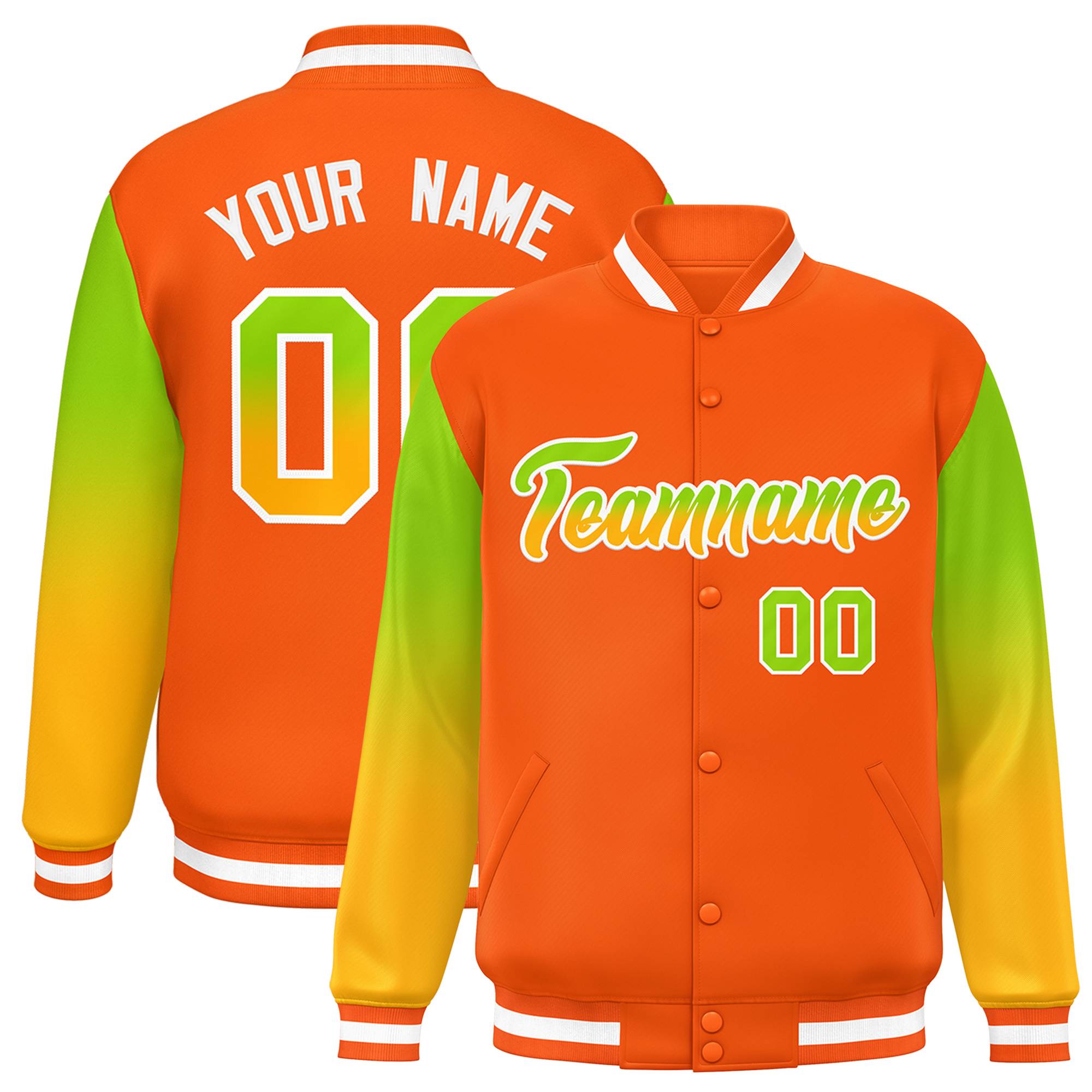 Custom Orange Neon Green-Yellow Gradient Varsity Full-Snap Raglan Sleeves Baseball Jacket