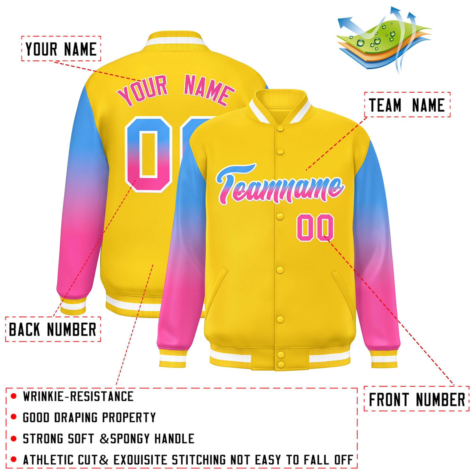 Custom Gold Powder Blue-Pink Gradient Varsity Full-Snap Raglan Sleeves Baseball Jacket