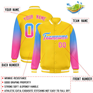 Custom Gold Powder Blue-Pink Gradient Varsity Full-Snap Raglan Sleeves Baseball Jacket