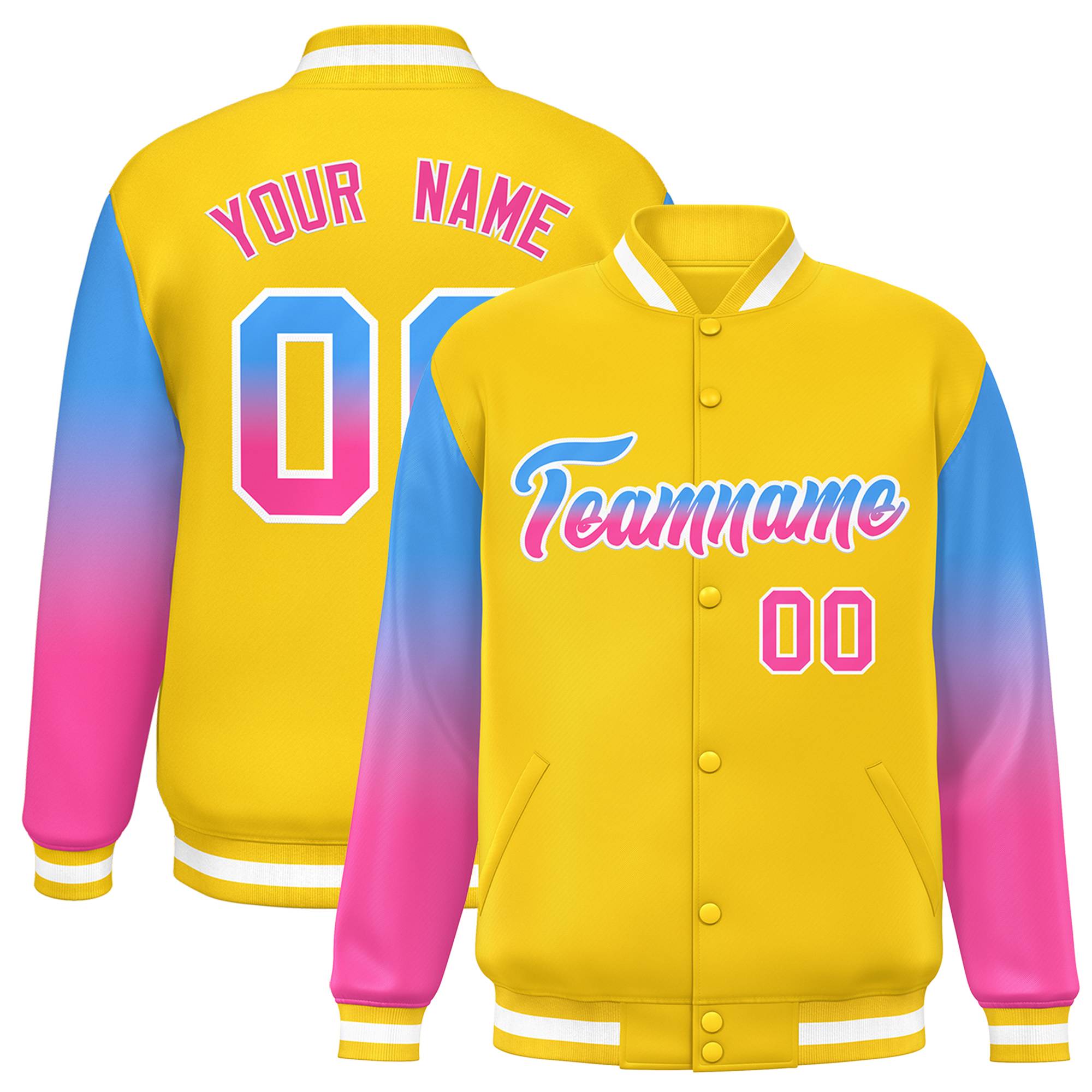 Custom Gold Powder Blue-Pink Gradient Varsity Full-Snap Raglan Sleeves Baseball Jacket