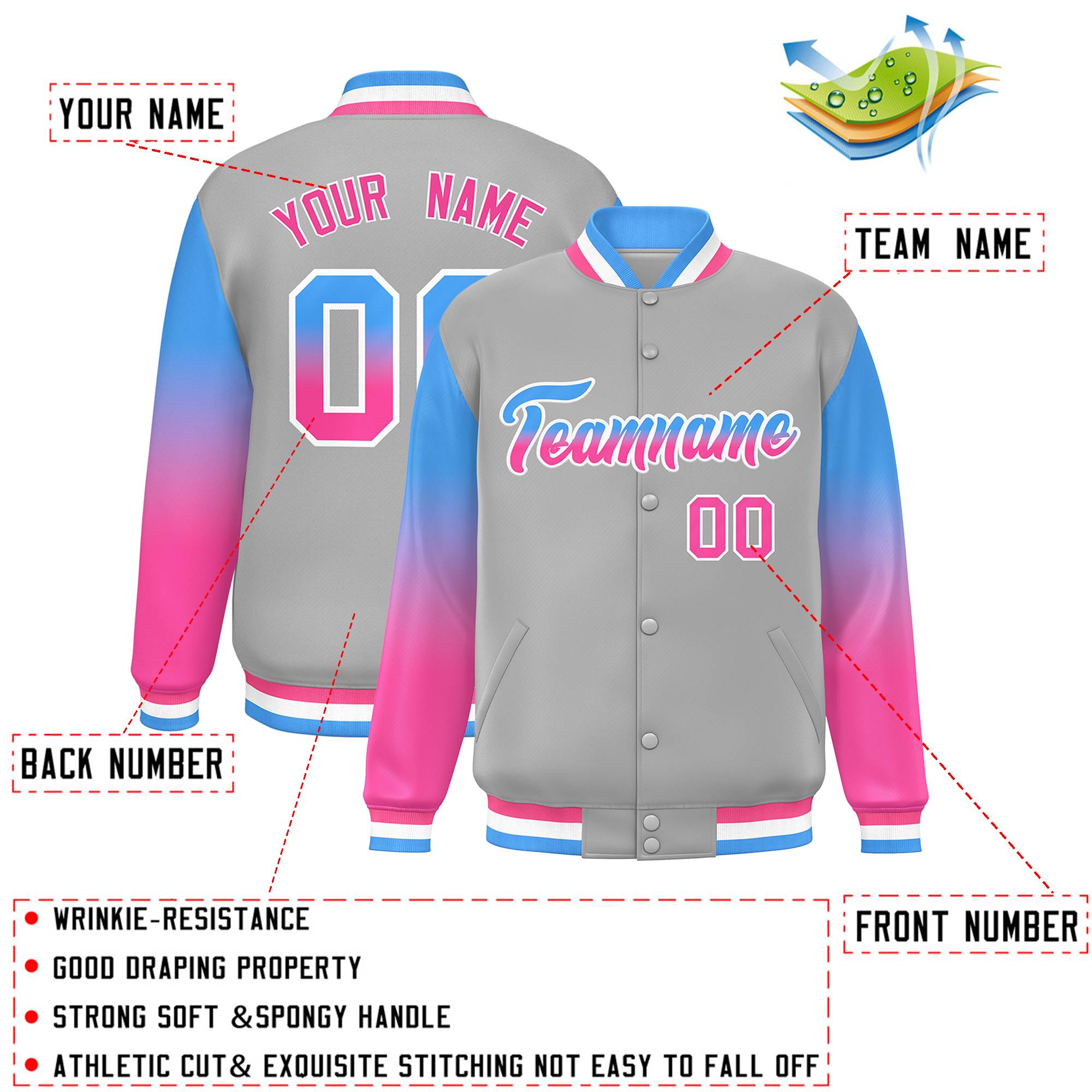 Custom Gray Powder Blue-Pink Gradient Varsity Full-Snap Raglan Sleeves Baseball Jacket