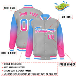 Custom Gray Powder Blue-Pink Gradient Varsity Full-Snap Raglan Sleeves Baseball Jacket