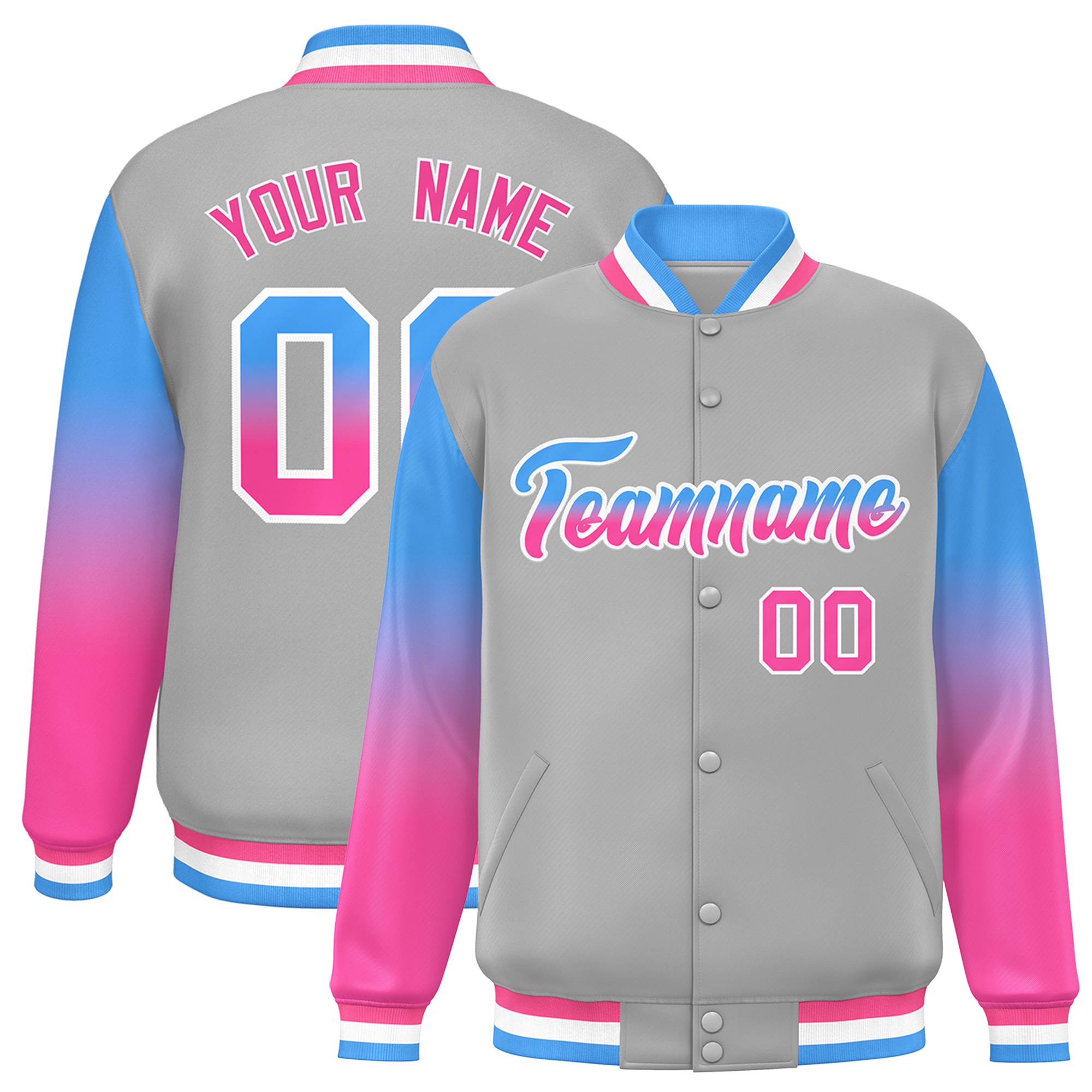 Custom Gray Powder Blue-Pink Gradient Varsity Full-Snap Raglan Sleeves Baseball Jacket