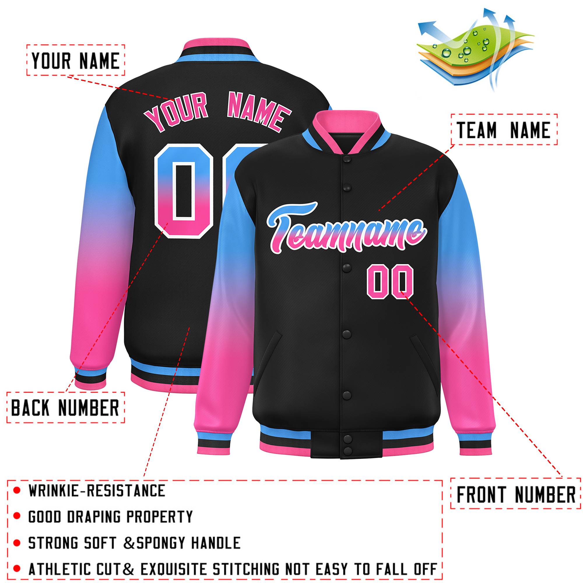 Custom Black Powder Blue-Pink Gradient Varsity Full-Snap Raglan Sleeves Baseball Jacket