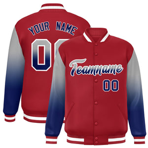 Custom Red Gray-Royal Gradient Varsity Full-Snap Raglan Sleeves Baseball Jacket