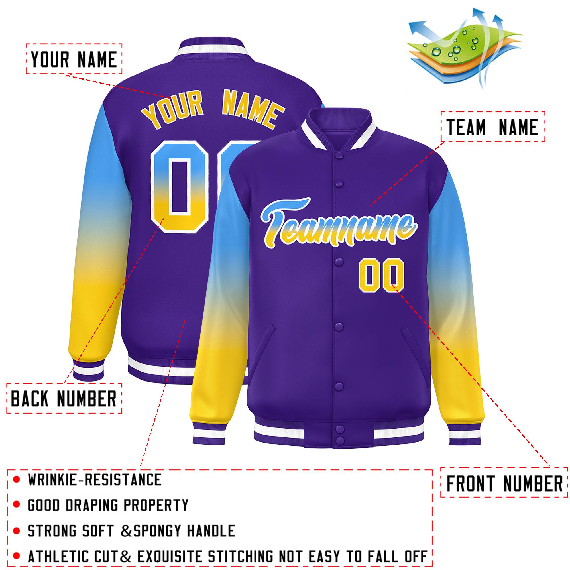 Custom Purple Powder Blue-Gold Gradient Varsity Full-Snap Raglan Sleeves Baseball Jacket