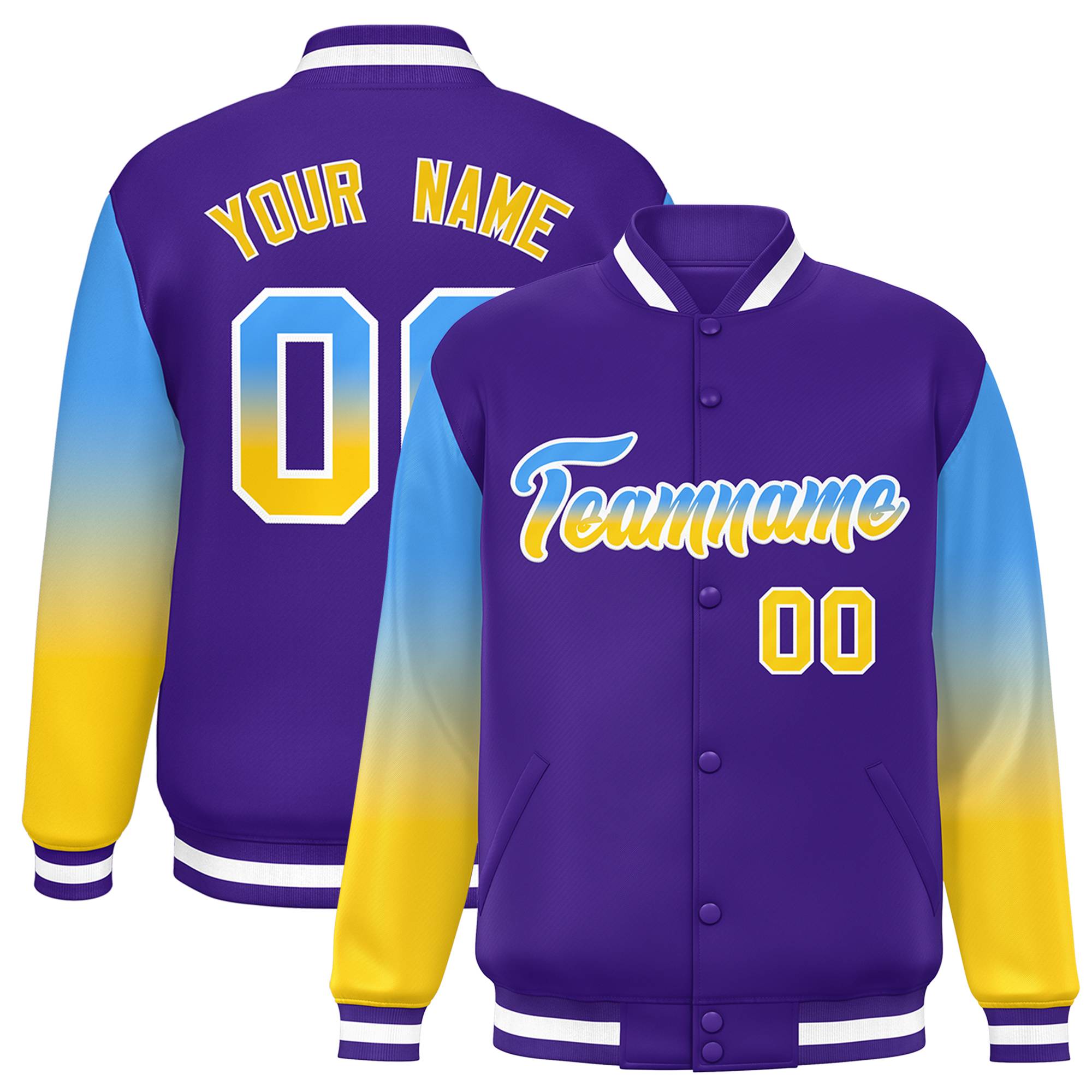 Custom Purple Powder Blue-Gold Gradient Varsity Full-Snap Raglan Sleeves Baseball Jacket