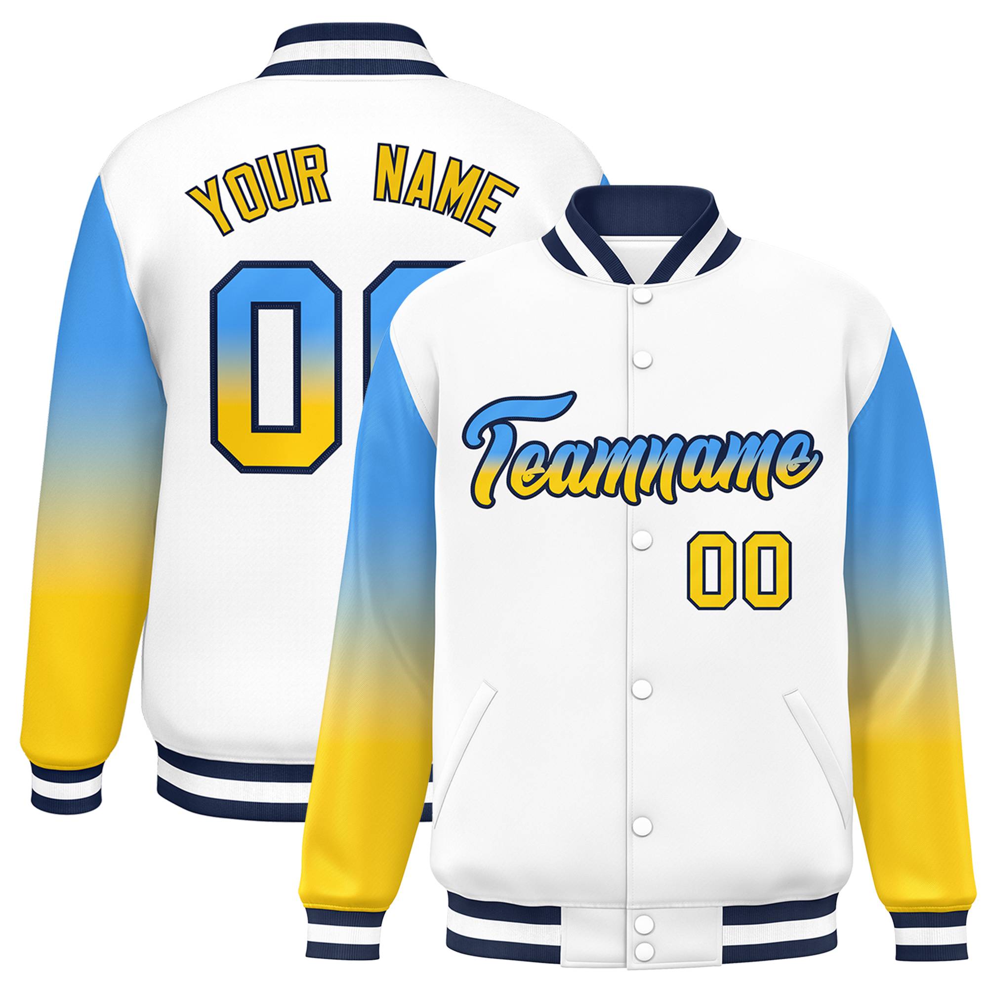 Custom White Powder Blue-Gold Gradient Varsity Full-Snap Raglan Sleeves Baseball Jacket