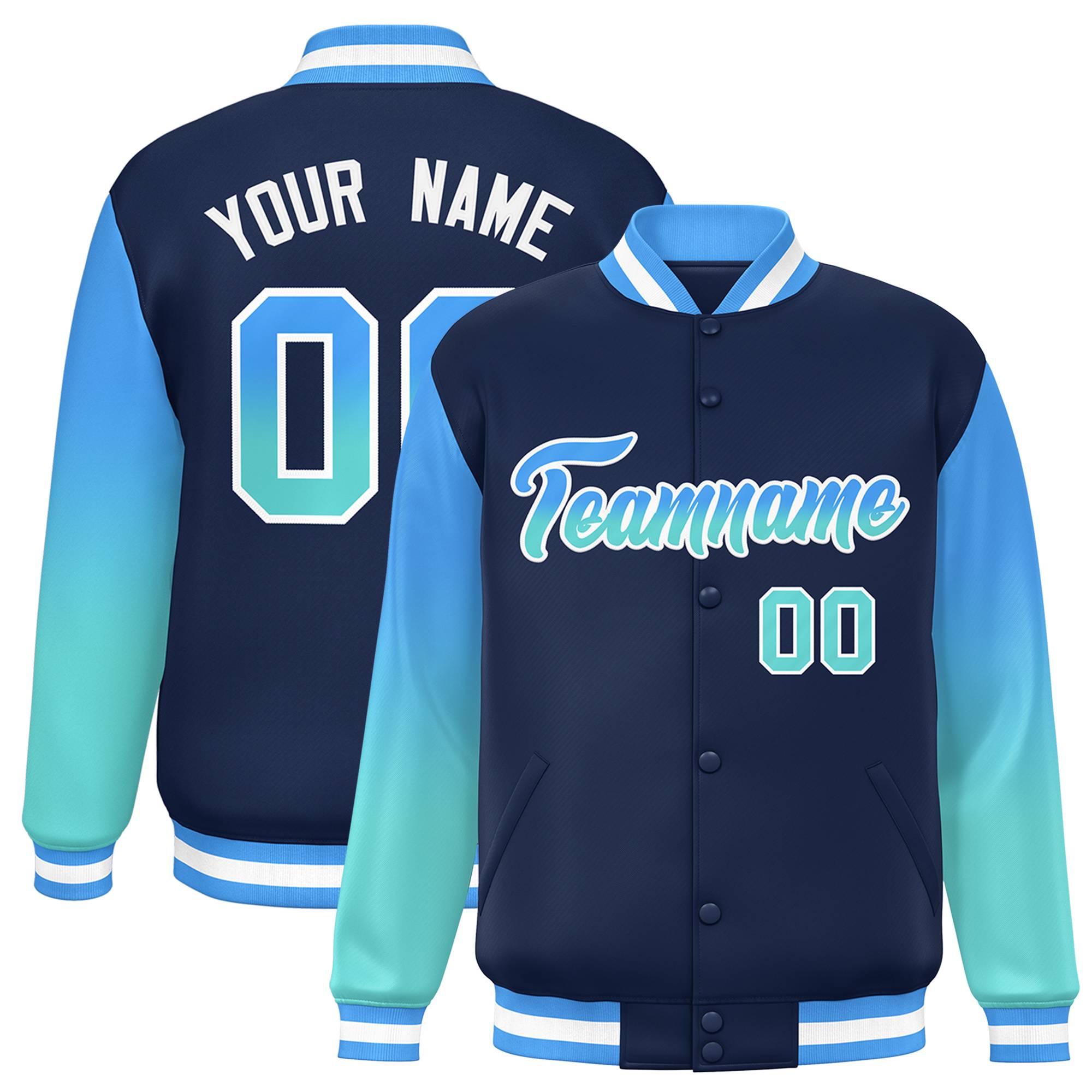 Custom Navy Powder Blue-Bright Green Gradient Varsity Full-Snap Raglan Sleeves Baseball Jacket